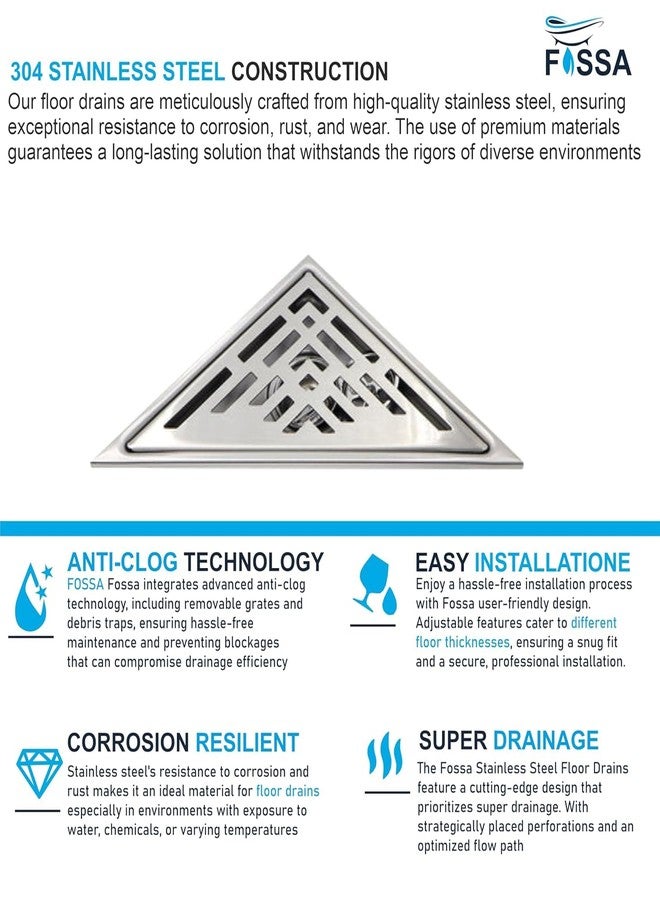 Fossa 11" x 5.5" Inches Marble Tile Triangle Shower Drain - Stainless Steel Triangular Shower Floor Drain with Removable Patterned Grate, Hair Strainer, Threaded Adapter (11"x5.5" Marble Wave) - Image 2